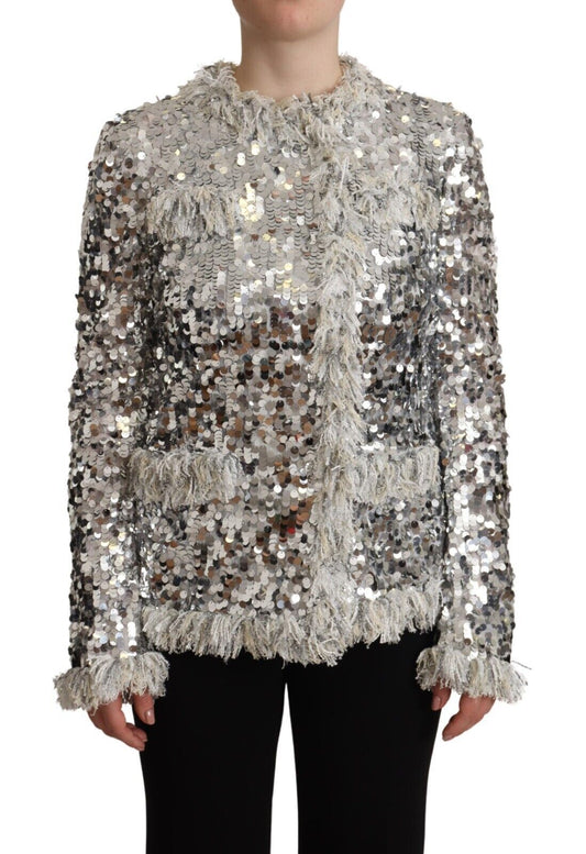 Giacca a maniche lunghe in shearling con paillettes argento