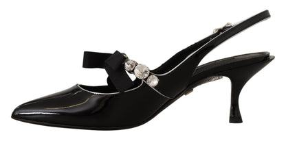 Scarpe slingback con cristalli in pelle verniciata nera