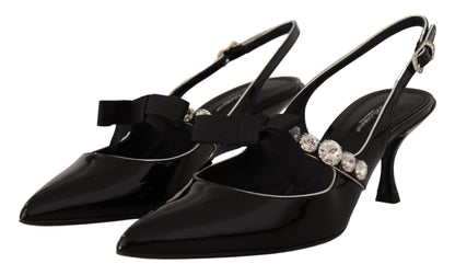 Scarpe slingback con cristalli in pelle verniciata nera