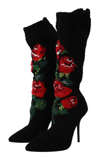 Schwarze Stretch-Socken, rote Rosen, Stiefeletten, Schuhe