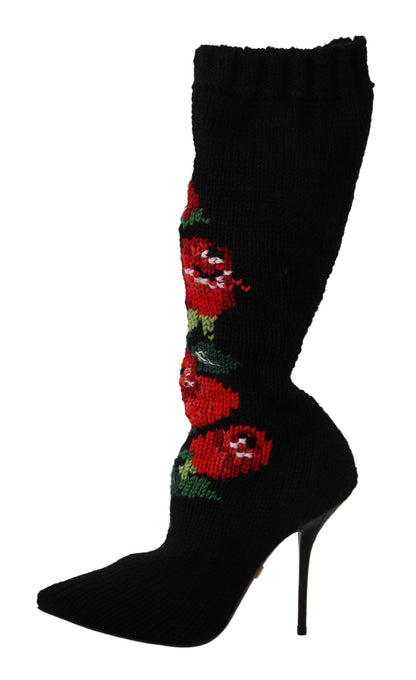 Schwarze Stretch-Socken, rote Rosen, Stiefeletten, Schuhe