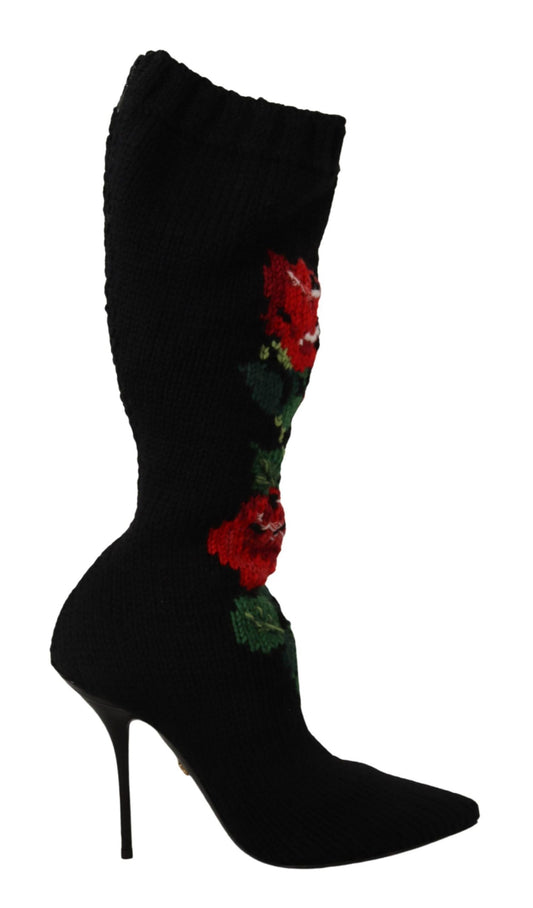 Schwarze Stretch-Socken, rote Rosen, Stiefeletten, Schuhe