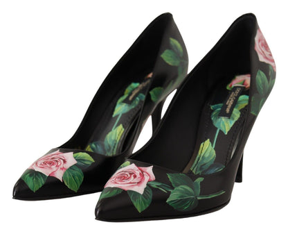 Dolce & Gabbana Elegant Black Rose Print Leather Heels