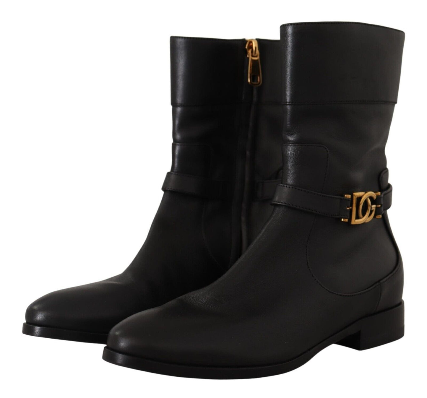 Kurze Stiefel aus schwarzem Leder mit flachem Logo und Logo