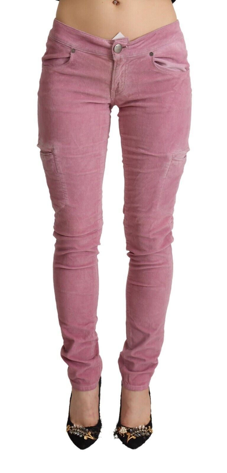 Jeans cargo skinny in denim a vita bassa in cotone rosa