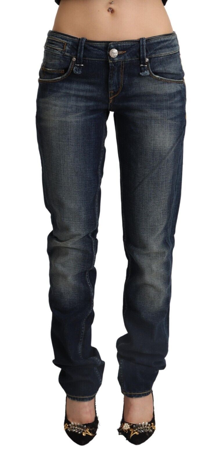 Dunkelblaue Skinny-Denim-Jeans mit niedriger Taille aus gewaschener Baumwolle