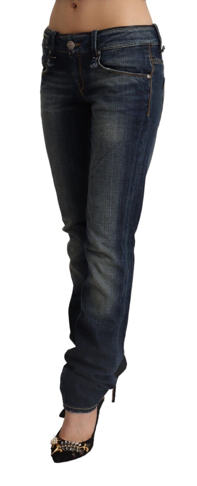 Dunkelblaue Skinny-Denim-Jeans mit niedriger Taille aus gewaschener Baumwolle