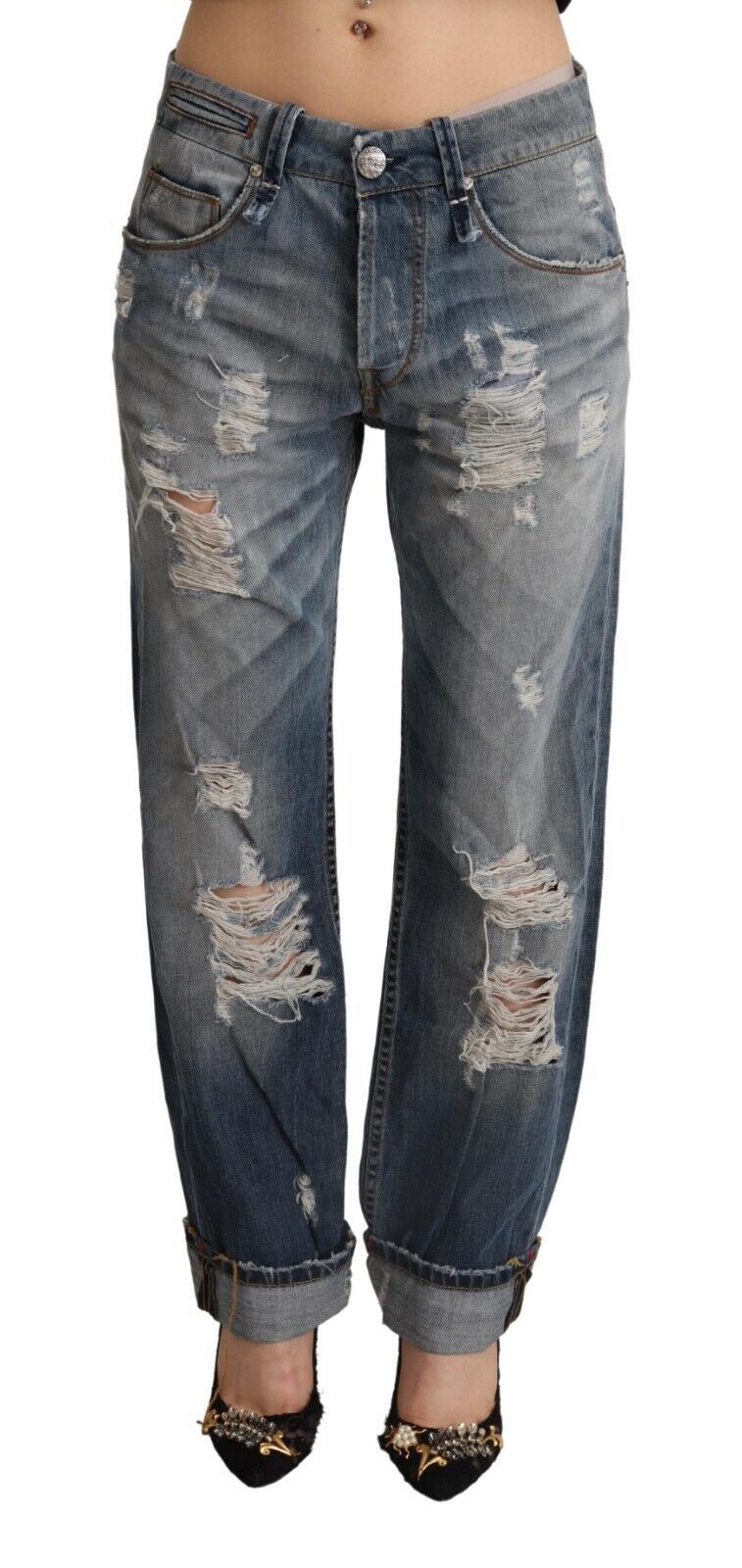 Jeans in cotone denim dritto a vita media blu strappati