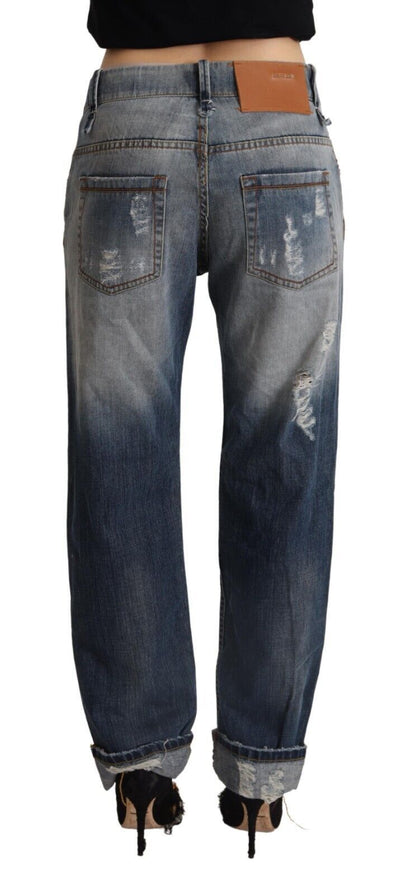 Jeans in cotone denim dritto a vita media blu strappati