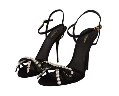 Dolce &amp; Gabbana Elegante schwarze Sandalen mit Knöchelriemen aus Viskose und Kristallen