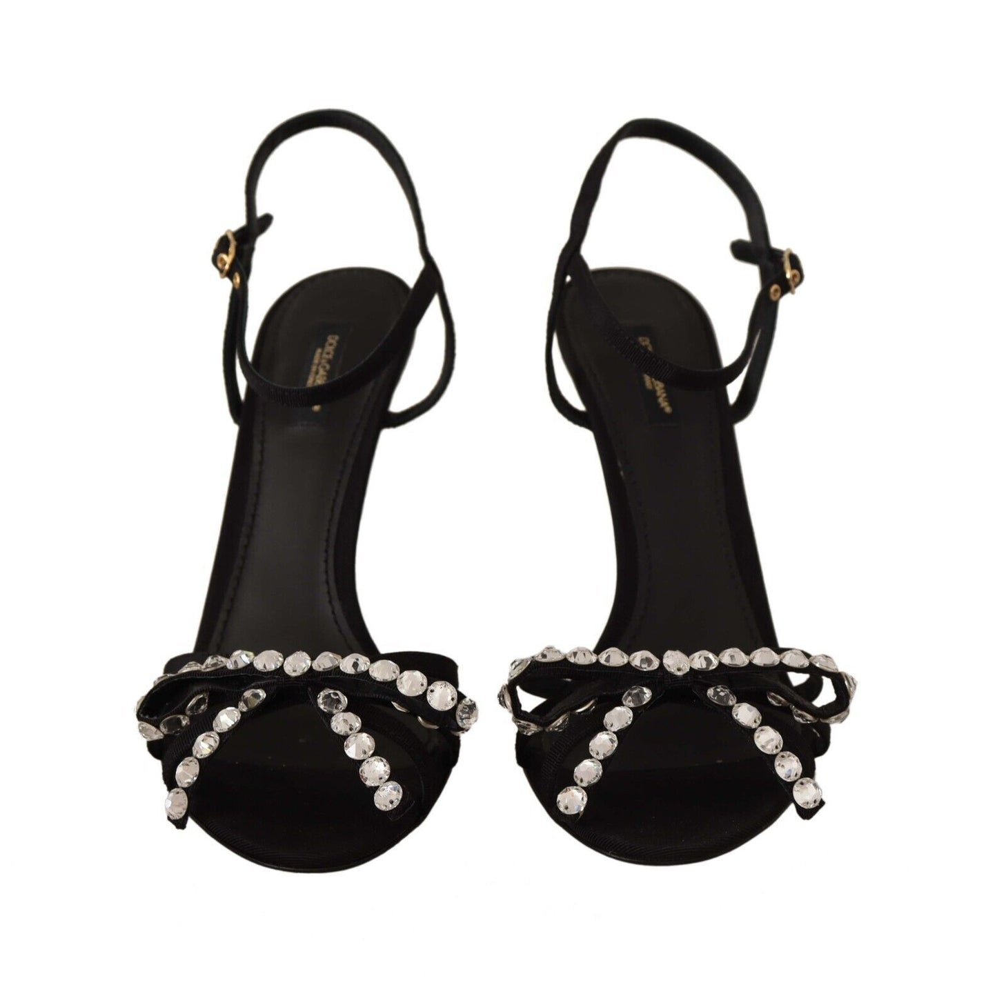 Dolce &amp; Gabbana Elegante schwarze Sandalen mit Knöchelriemen aus Viskose und Kristallen