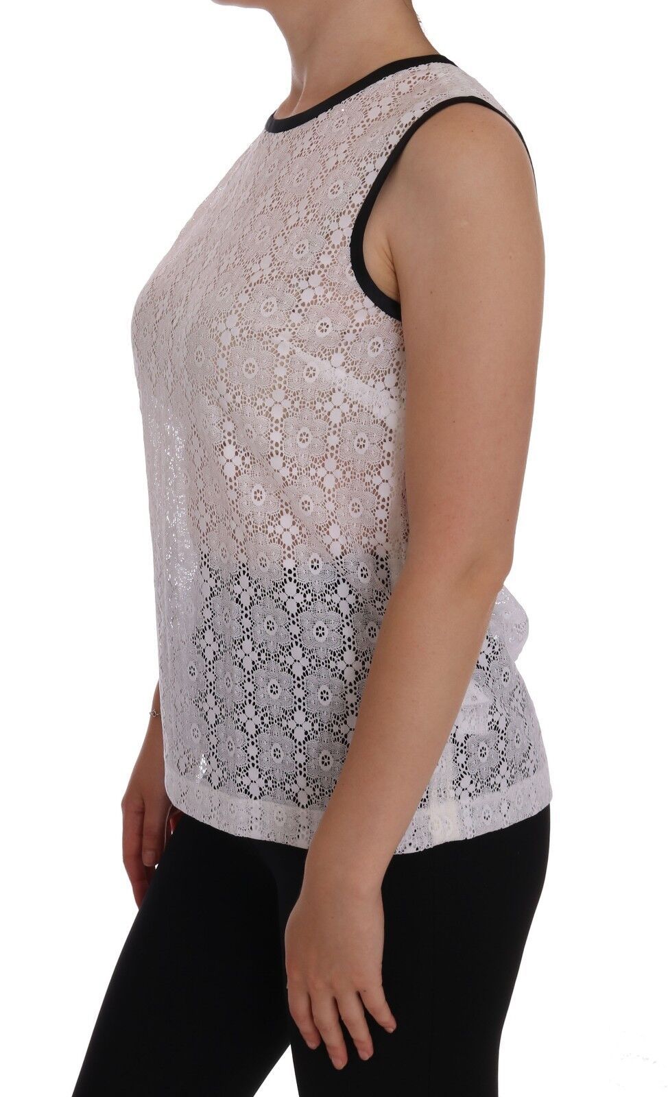 T-shirt con canotta in nylon floreale in pizzo bianco