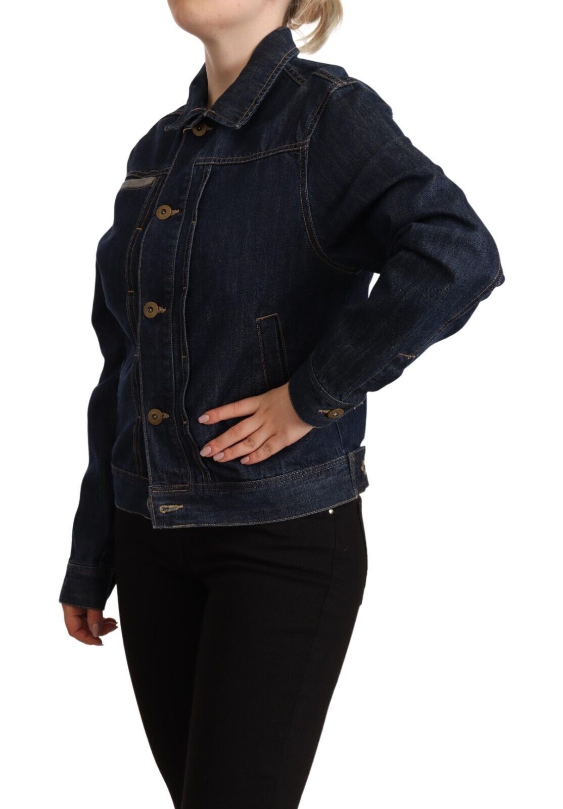 Dunkelblaue Jeansjacke mit Knopfleiste und langen Ärmeln