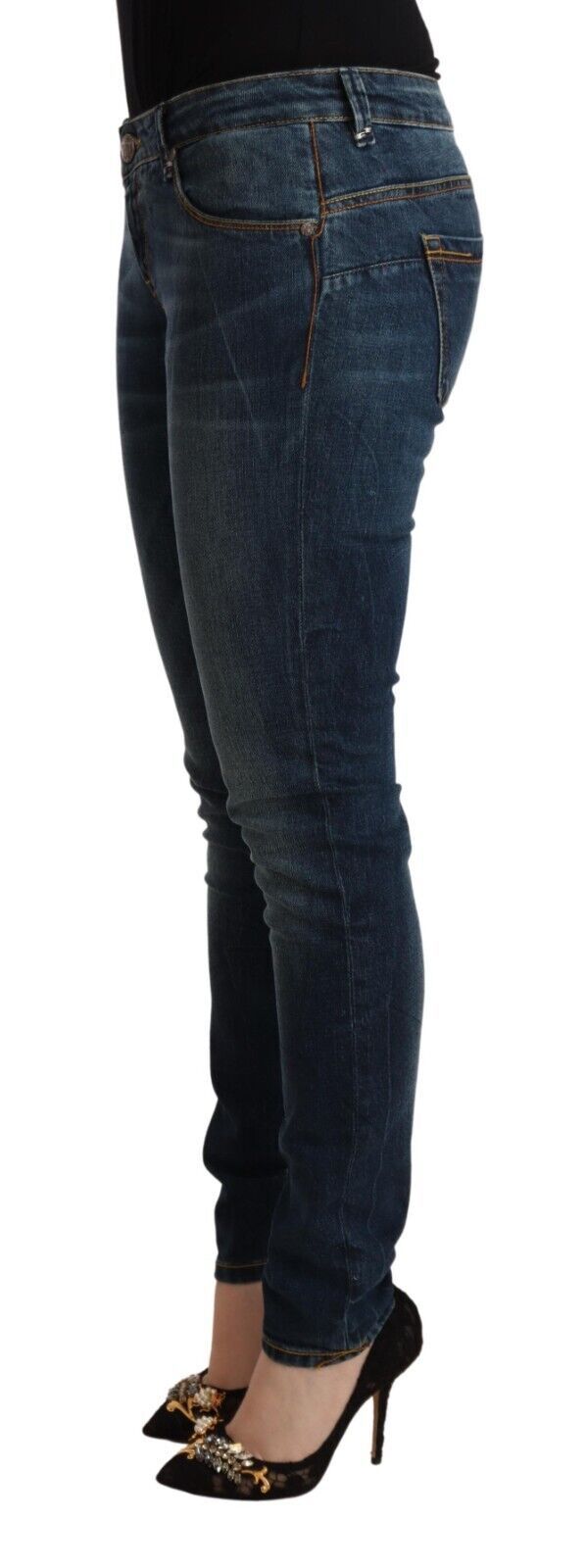 Jeans slim fit in denim di cotone lavato blu a vita bassa