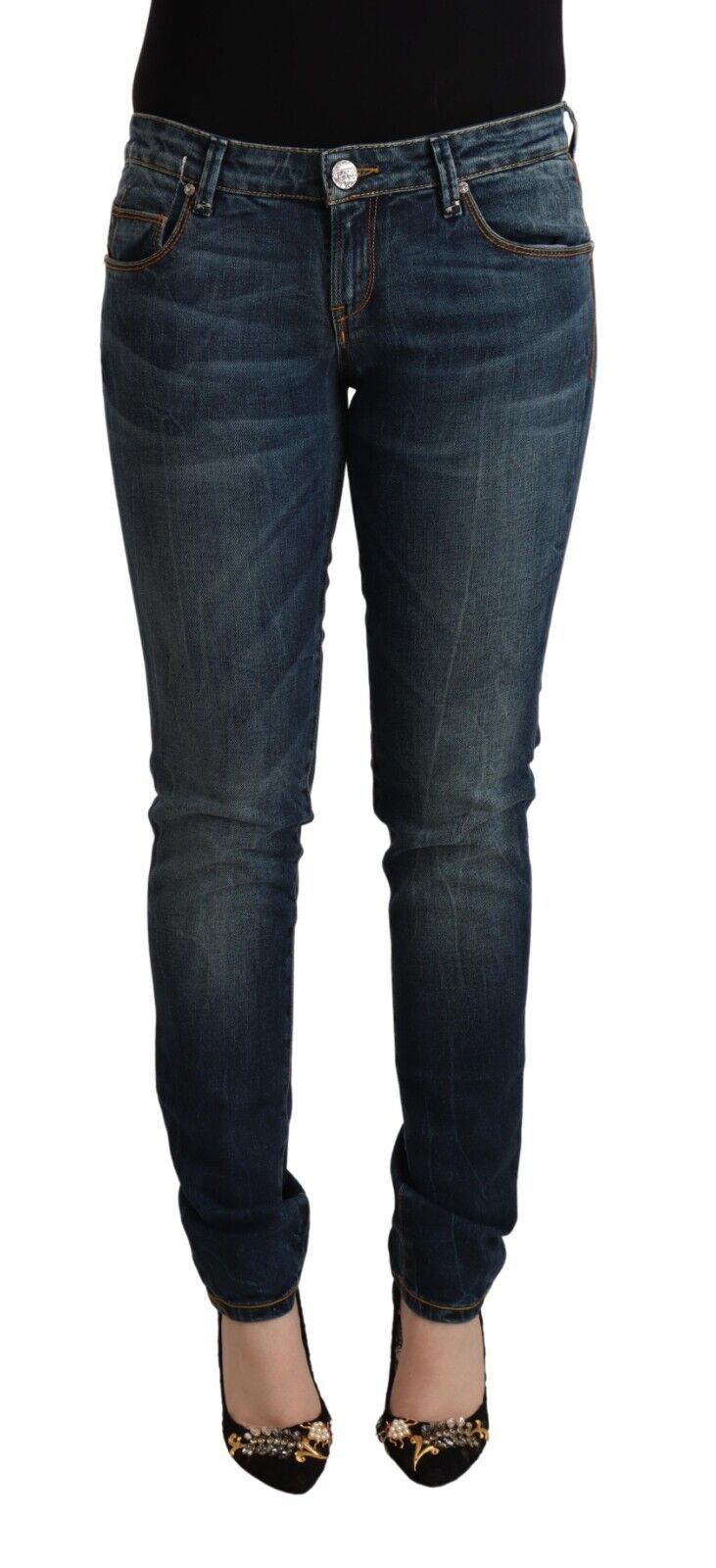 Jeans slim fit in denim a vita bassa in cotone lavato blu