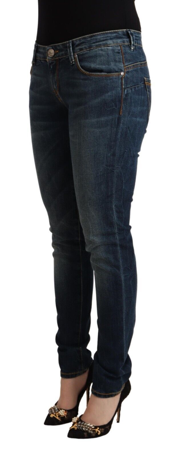 Jeans slim fit in denim a vita bassa in cotone lavato blu