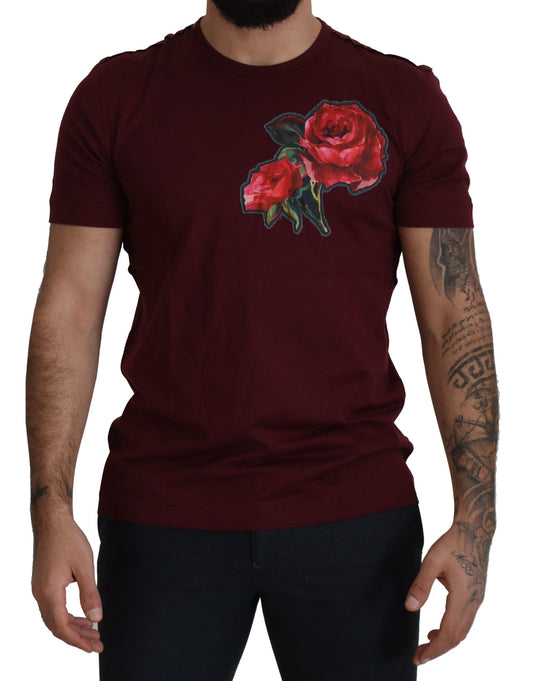 T-shirt girocollo in cotone con rose bordeaux