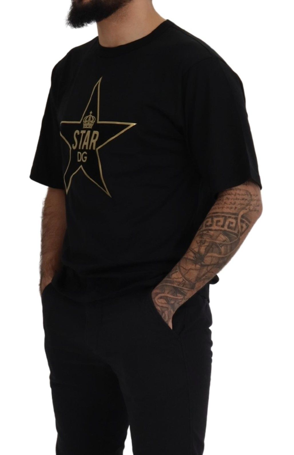 Schwarzgoldenes STAR Crown DG Baumwoll-Rundhals-T-Shirt