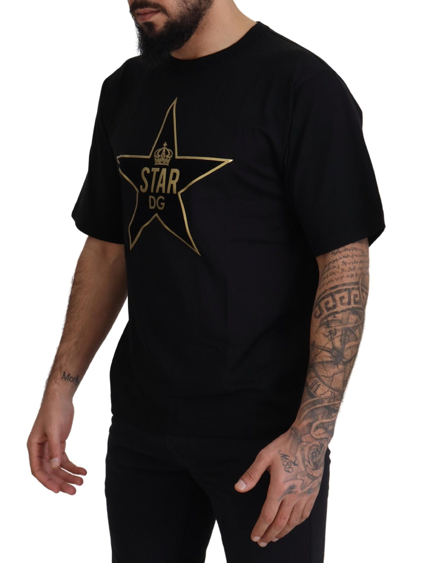 Schwarzgoldenes STAR Crown DG Baumwoll-Rundhals-T-Shirt