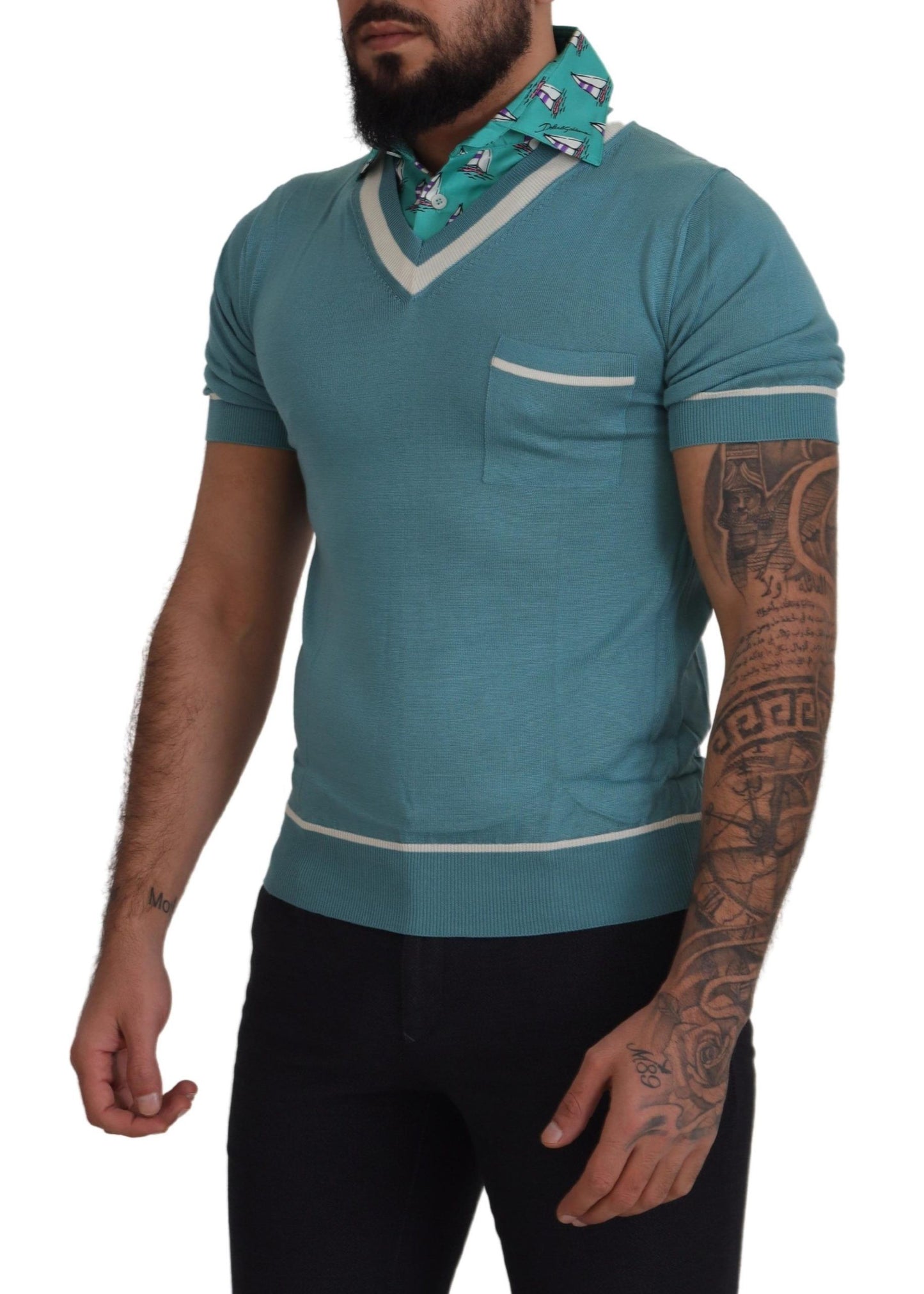 T-shirt da uomo con scollo a V polo in seta blu