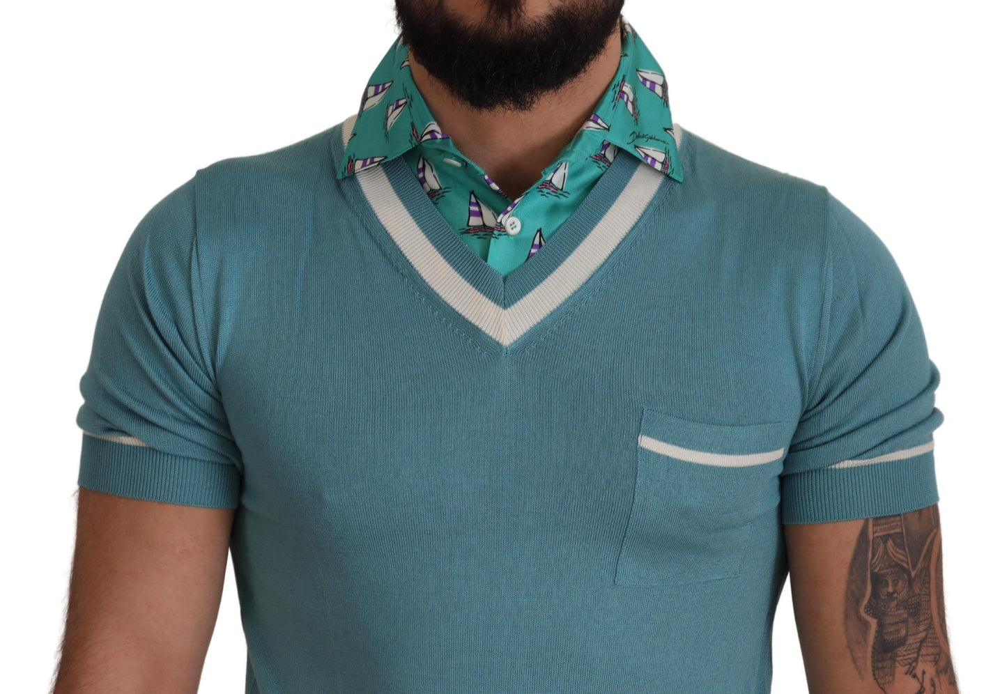 T-shirt da uomo con scollo a V polo in seta blu