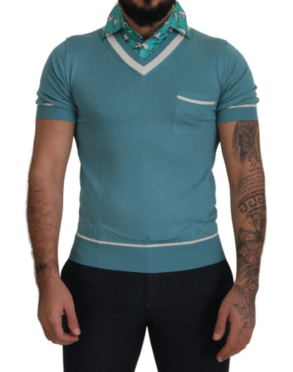 T-shirt da uomo con scollo a V polo in seta blu