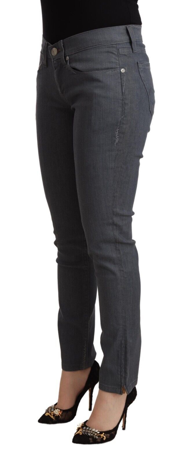 Graue Skinny-Denim-Jeans aus Baumwolle mit niedriger Taille