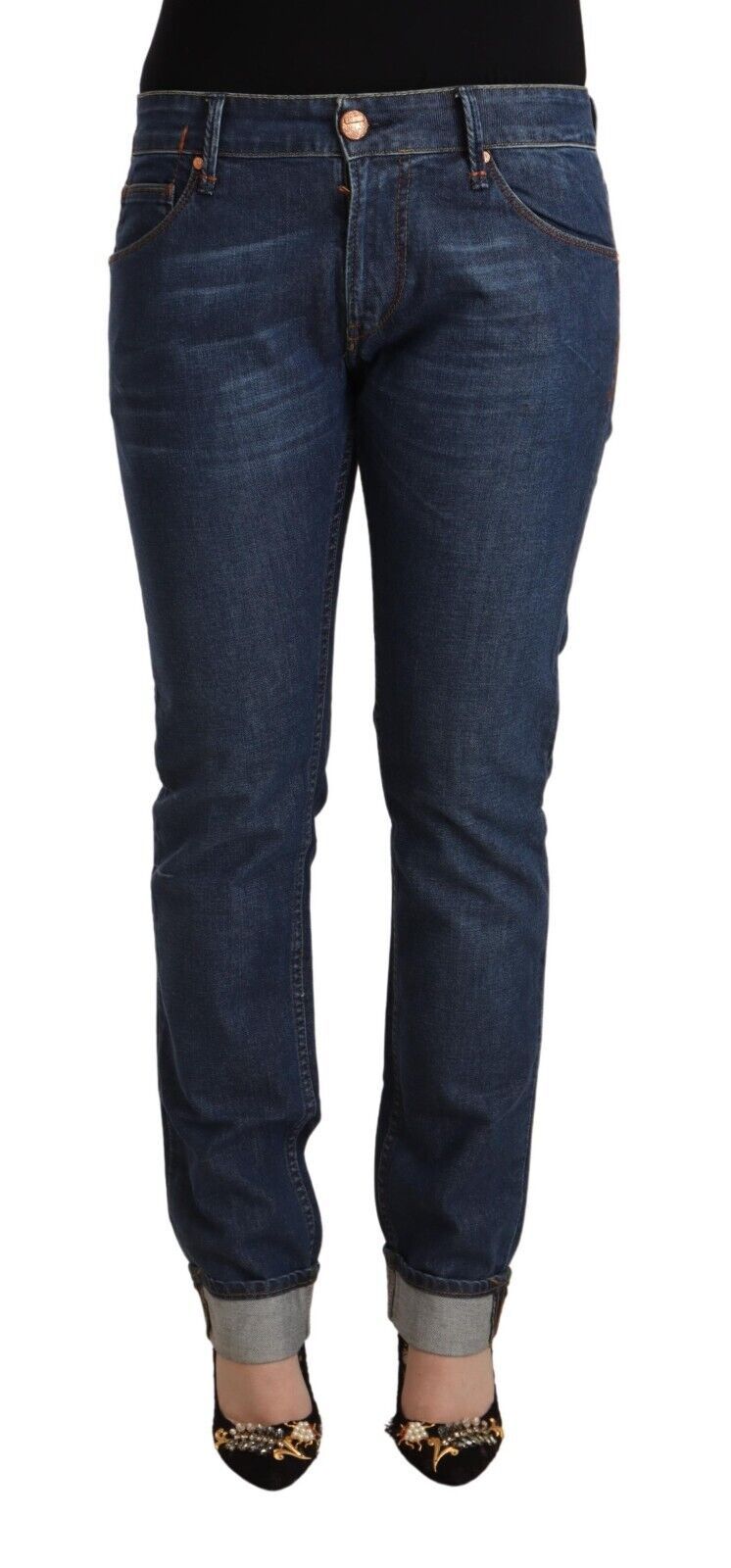 Jeans in denim con orlo piegato slim fit in cotone blu scuro