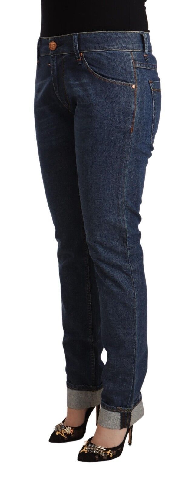 Jeans in denim con orlo piegato slim fit in cotone blu scuro