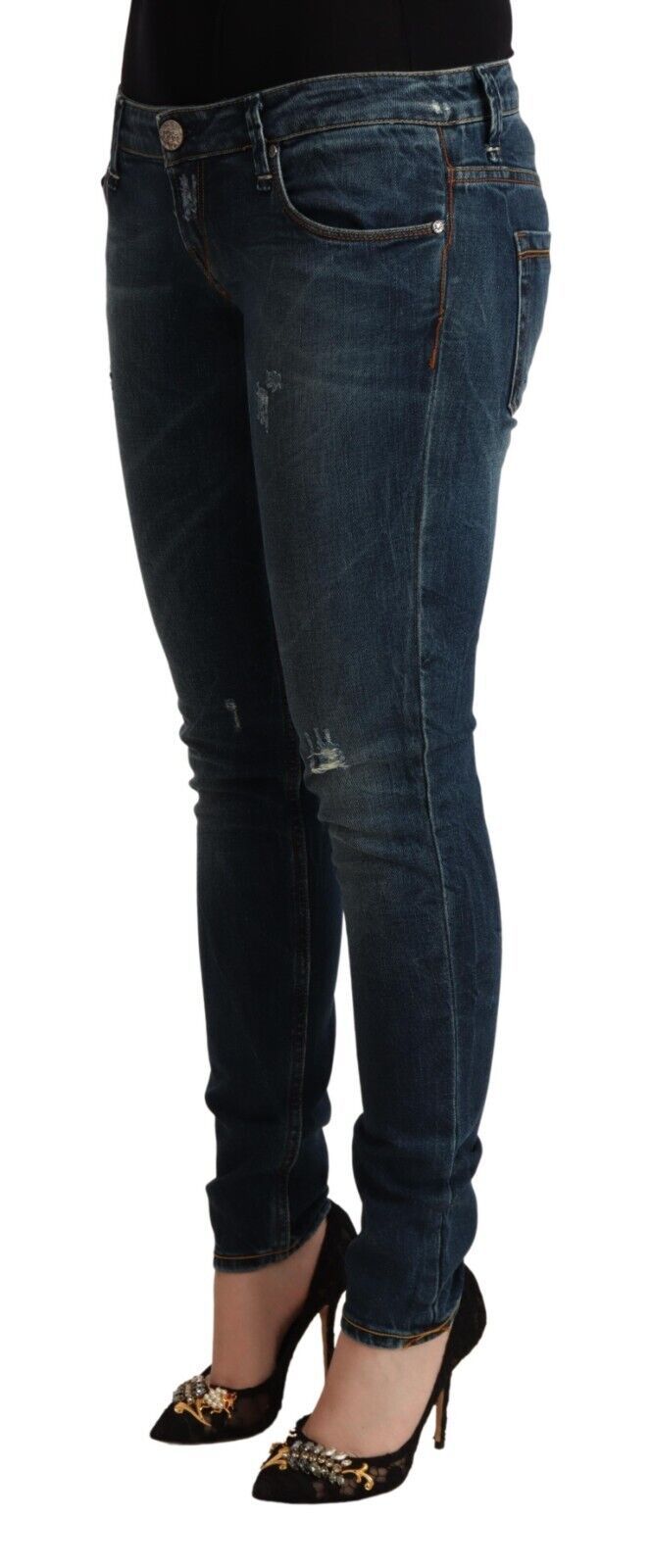 Blau gewaschene Slim-Fit-Denimjeans mit niedriger Taille