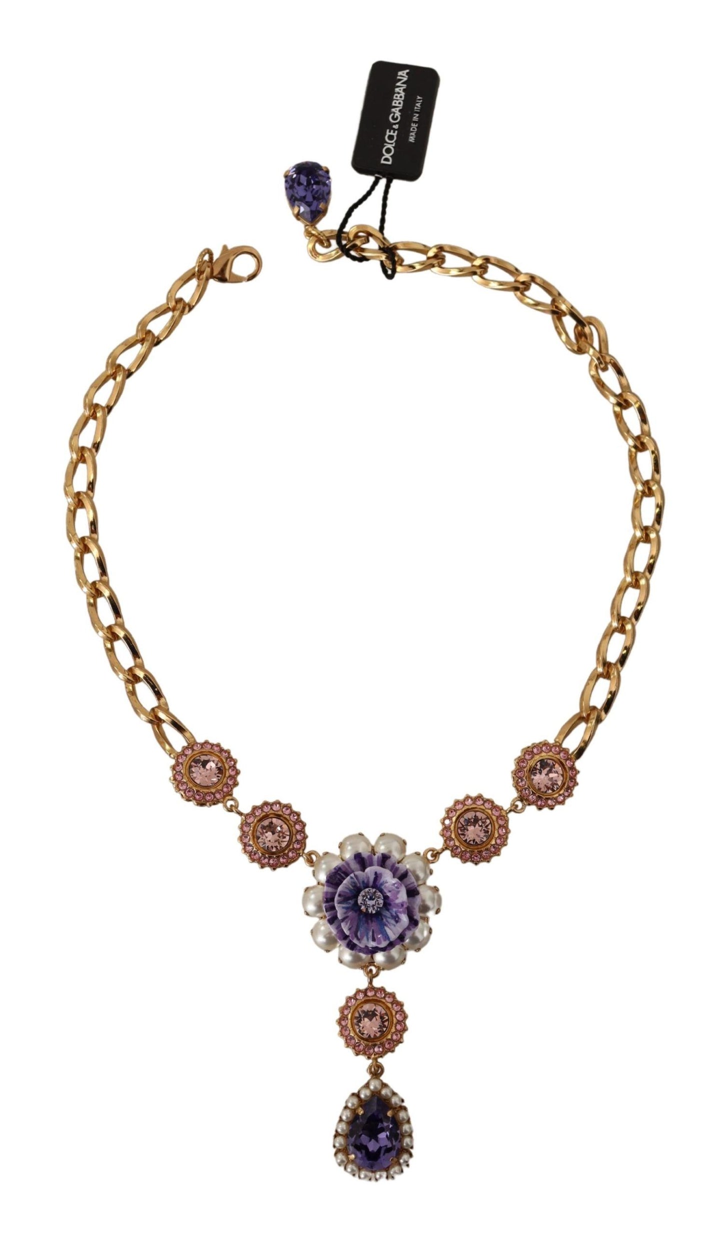 Collana con pendenti in perle rosa viola cristallo ottone dorato