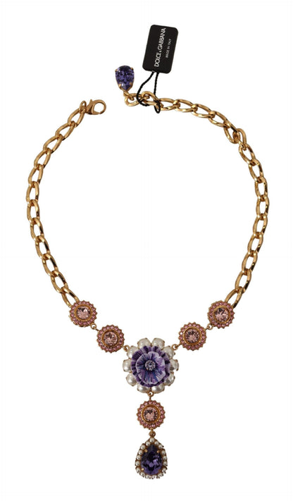 Collana con pendenti in perle rosa viola cristallo ottone dorato