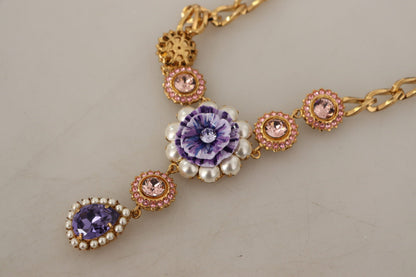 Collana con pendenti in perle rosa viola cristallo ottone dorato