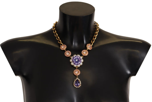 Collana con pendenti in perle rosa viola cristallo ottone dorato