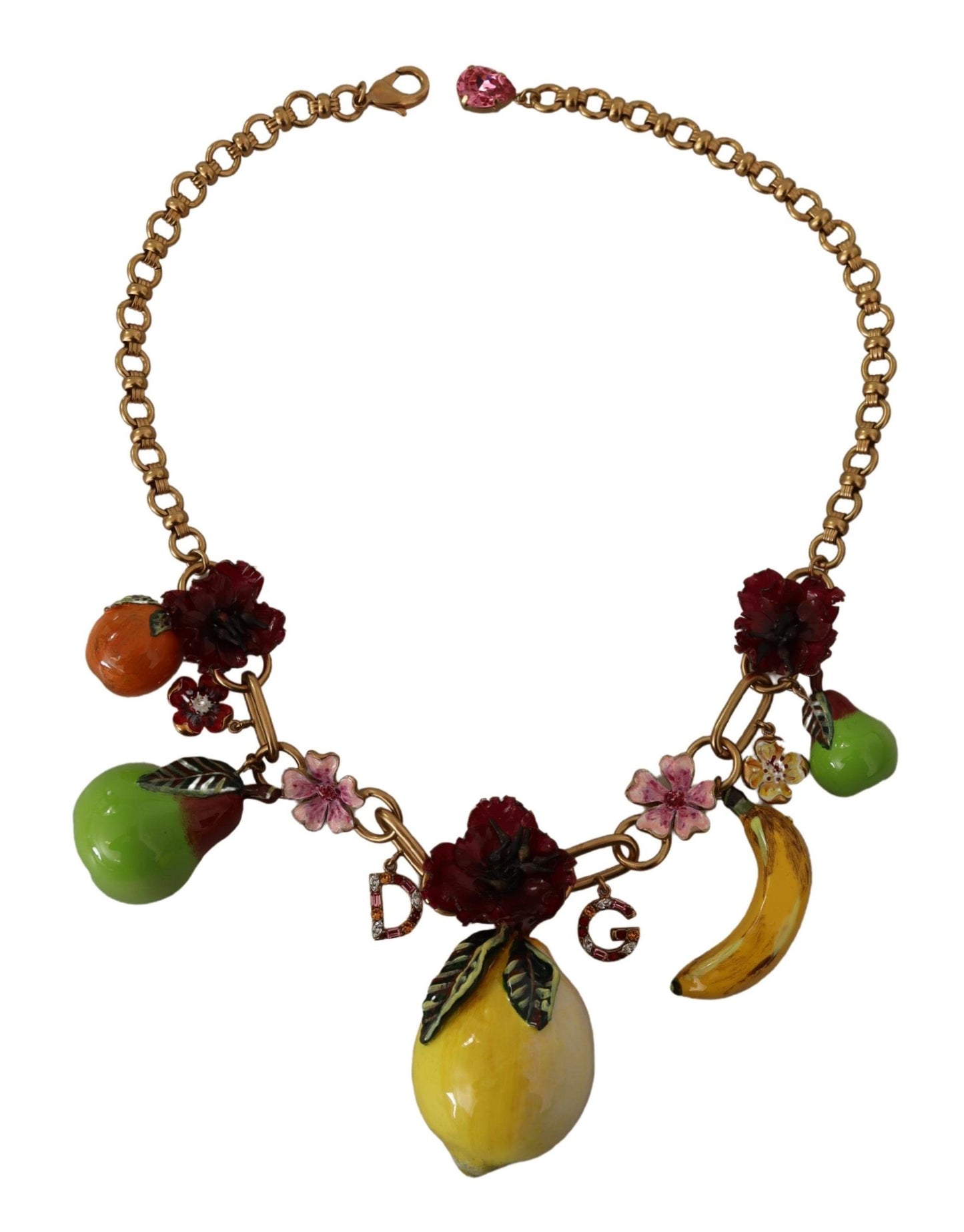 Collana con dichiarazione di rose e frutti di Sicilia in ottone dorato