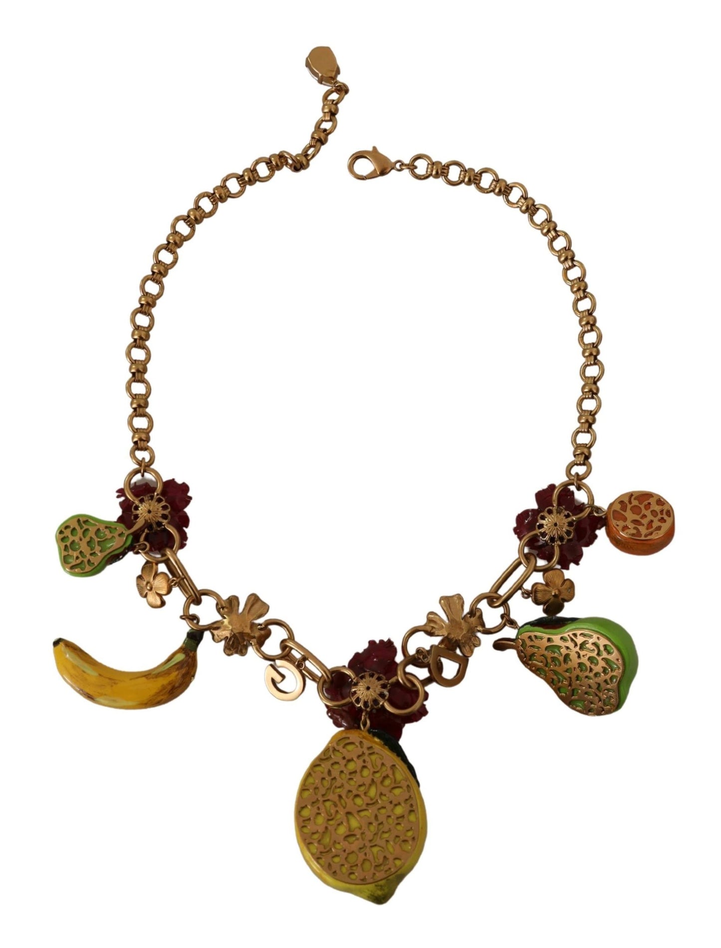 Collana con dichiarazione di rose e frutti di Sicilia in ottone dorato