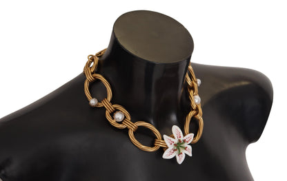 Collana con dichiarazione a catena floreale in oro bianco con giglio