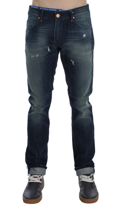 Blau gewaschene Slim-Fit-Jeans aus Baumwolldenim