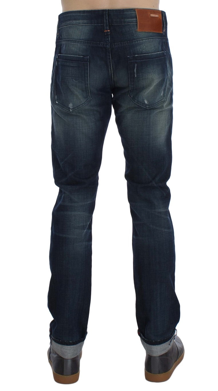 Blau gewaschene Slim-Fit-Jeans aus Baumwolldenim