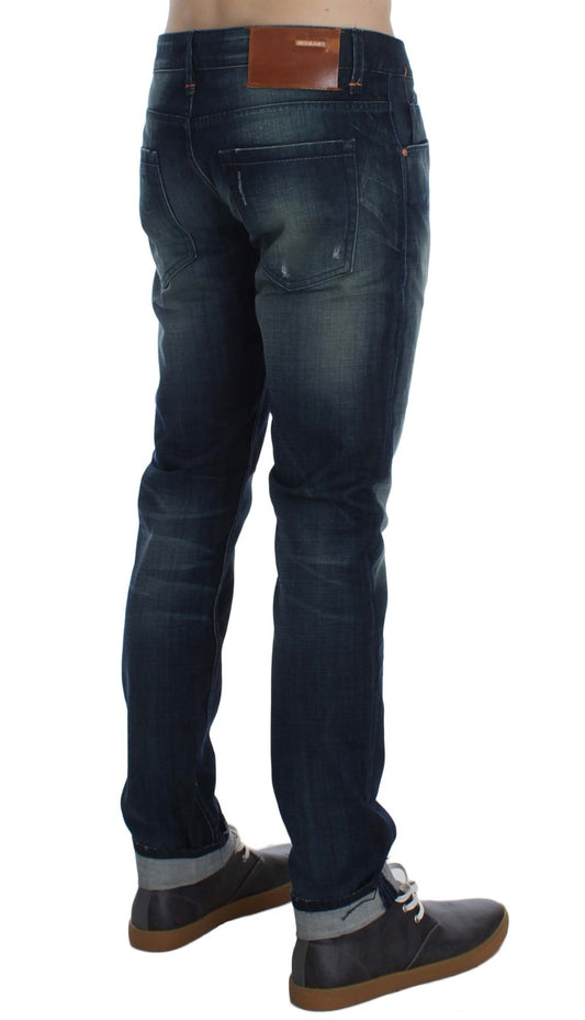 Jeans slim fit in denim di cotone lavato blu