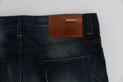 Blau gewaschene Slim-Fit-Jeans aus Baumwolldenim