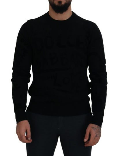 Maglione pullover girocollo con motivo logo in lana nera