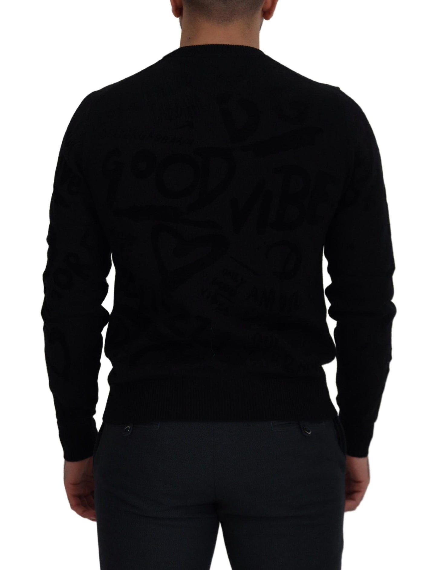 Maglione pullover girocollo con motivo logo in lana nera