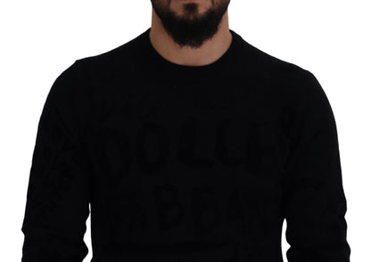 Maglione pullover girocollo con motivo logo in lana nera