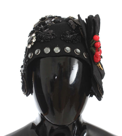 Dolce & Gabbana Elegant Black Crystal-Adorned Cloche Hat