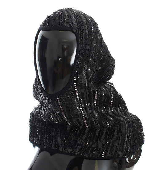 Chapeau écharpe à capuche tricoté noir à paillettes