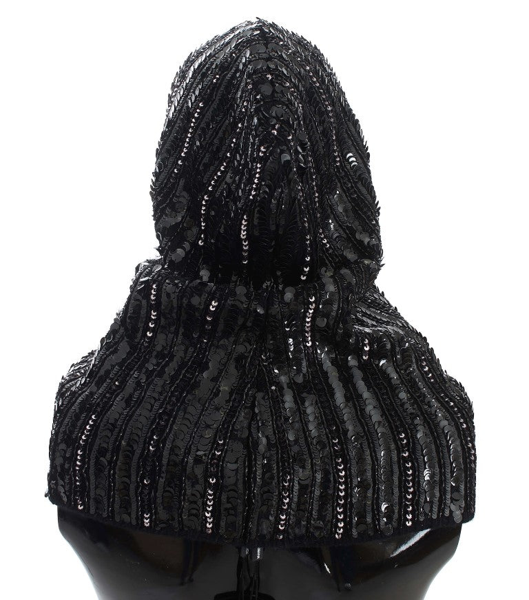 Chapeau écharpe à capuche tricoté noir à paillettes