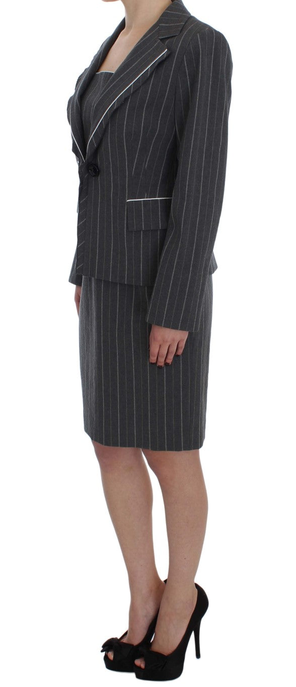 BENCIVENGA Elegant Gray Striped Dress & Blazer Suit Set