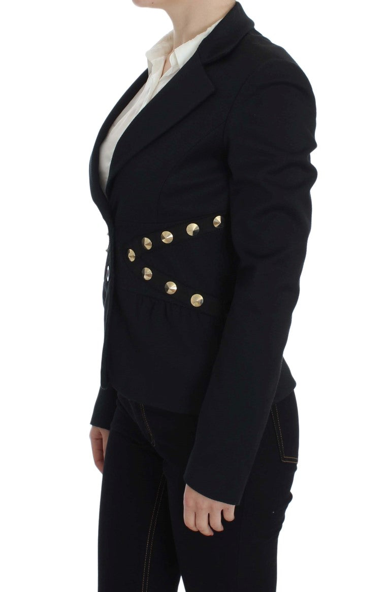 Giacca blazer con borchie dorate in cotone nero elasticizzato