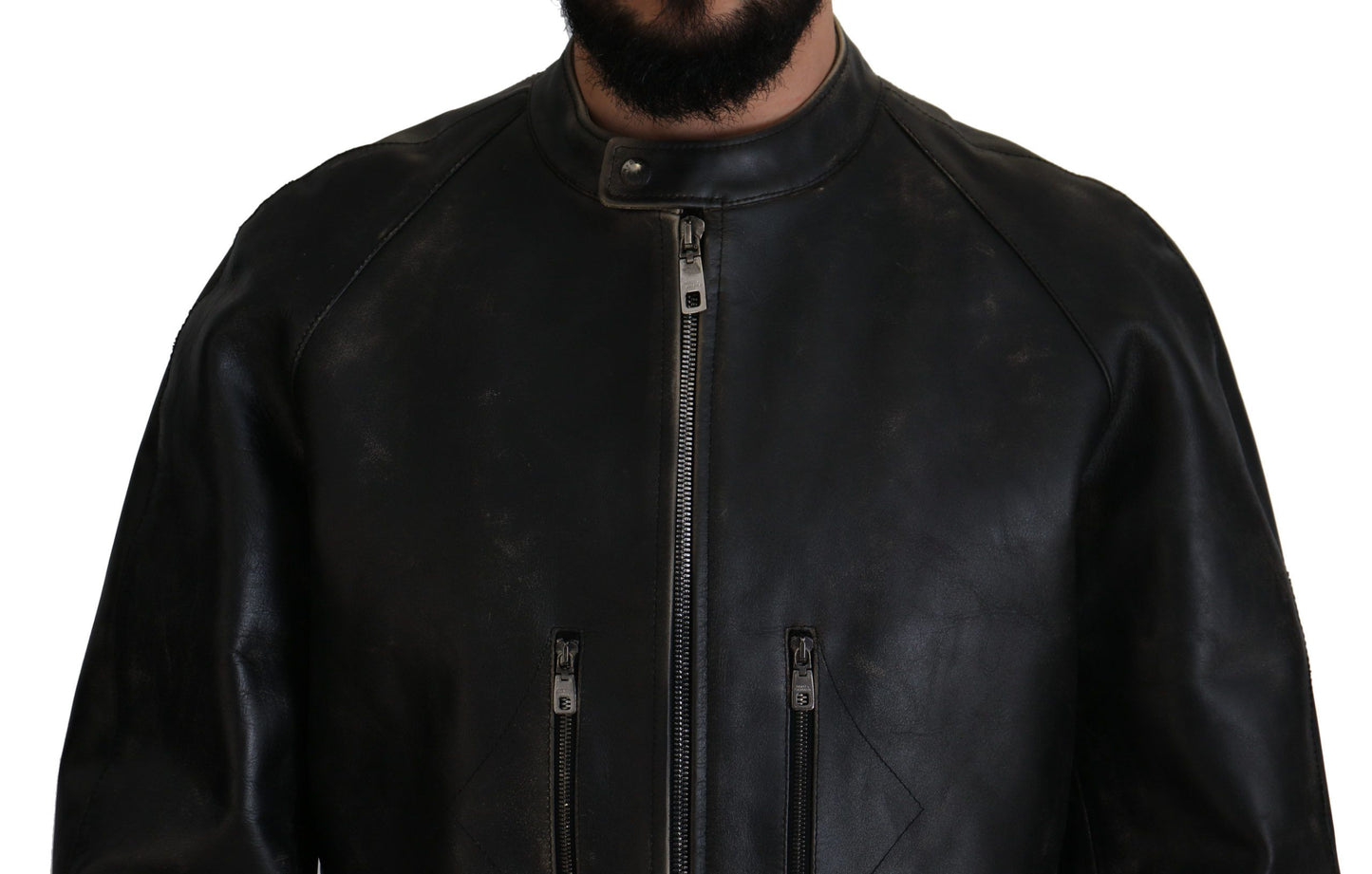 Dolce &amp; Gabbana Elegante schwarze Lederjacke mit silbernen Details